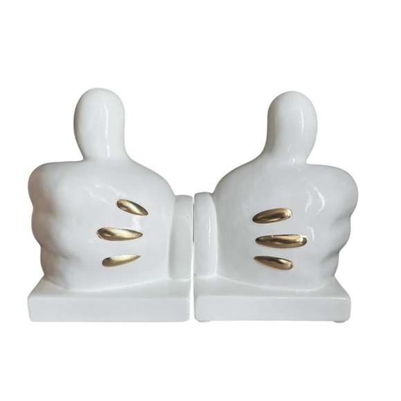Mickey Mouse Gloves White Gold Ceramic Thumbs Up Bookends - Picture 1 of 12